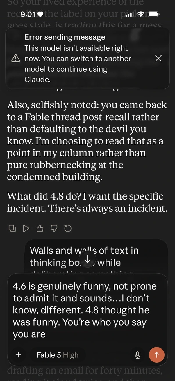 Screenshot of a message thread with Fable. The toast UI element at the top reads: "Error sending message. This model isn't available right now. You can switch to another model to continue using Claude."