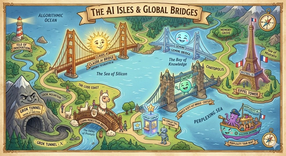 A cartoon map of the bridge cinematic universe with Golden Gate Claude as the star!